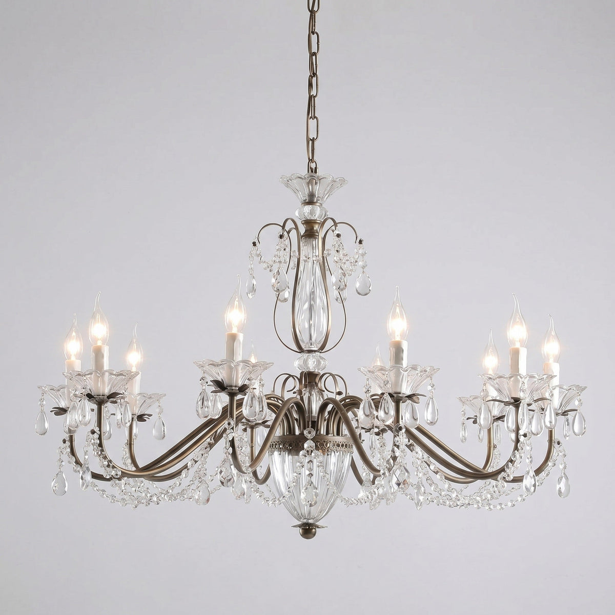 Classic Glass Globe Ceiling Fixture with Hanging Crystals – Multi-Light Dining Room Lighting in Warm Bronze Finish for Foyer, Living Room | Thomler