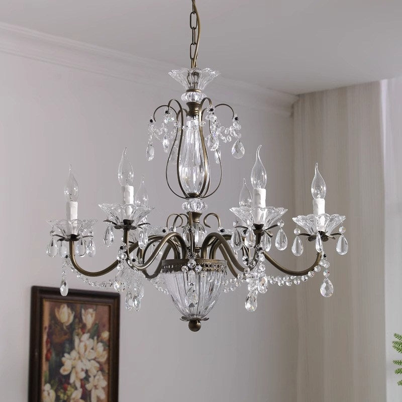 Classic Glass Globe Ceiling Fixture with Hanging Crystals – Multi-Light Dining Room Lighting in Warm Bronze Finish for Foyer, Living Room | Thomler
