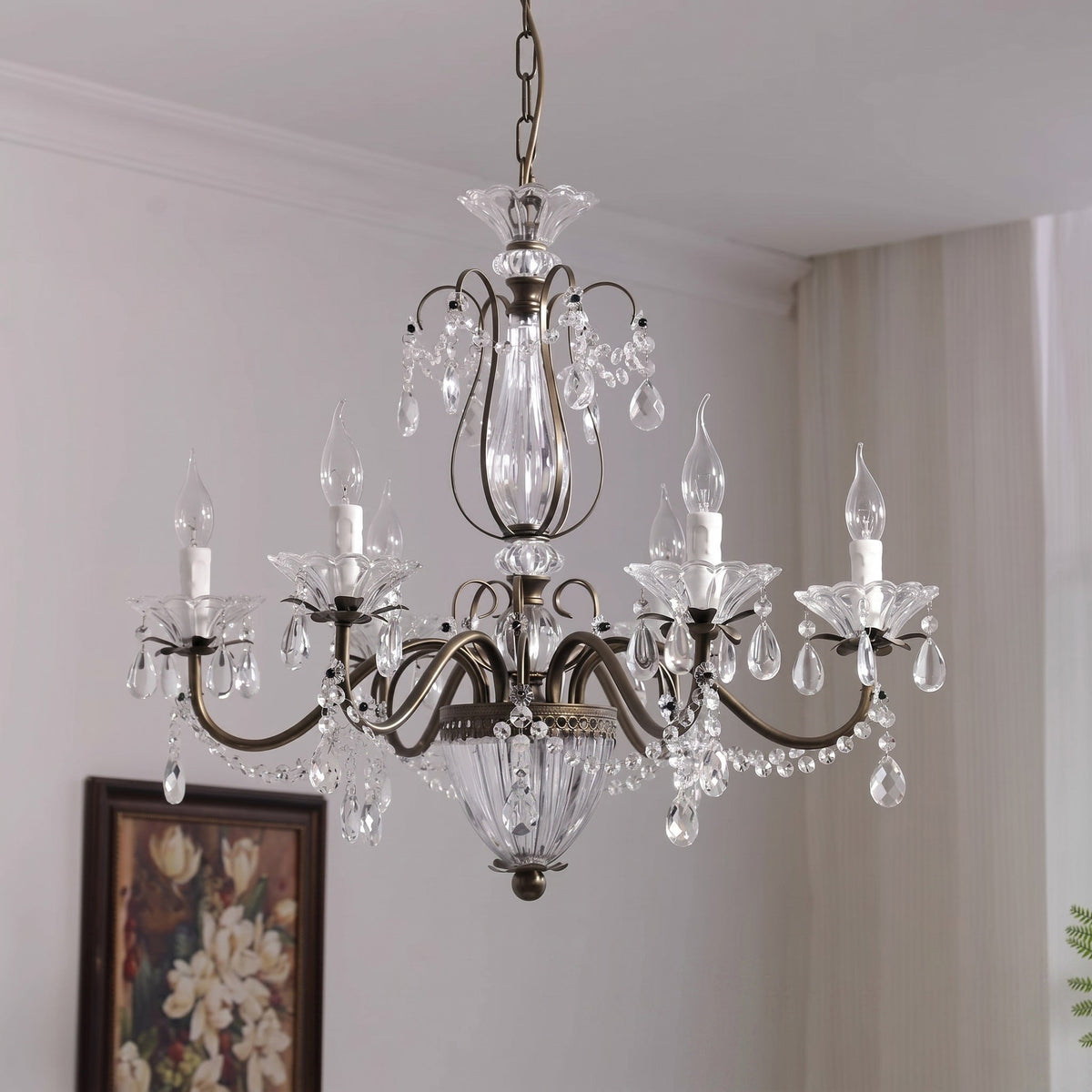 Classic Glass Globe Ceiling Fixture with Hanging Crystals – Multi-Light Dining Room Lighting in Warm Bronze Finish for Foyer, Living Room | Thomler