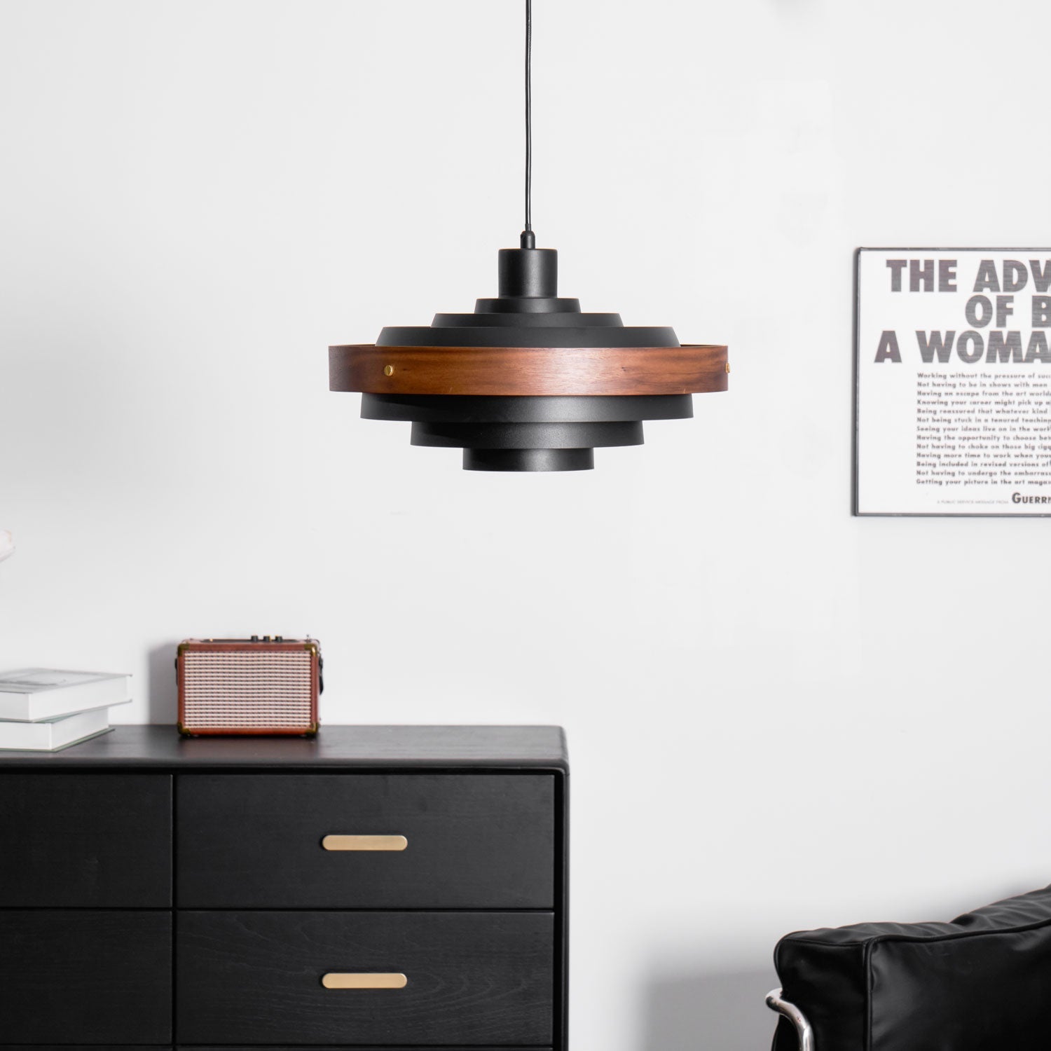 Pendant Light Metal Wood 15.7 in Adjustable Dining Room Kitchen Island Hanging Lamp Black Walnut White | Thomler