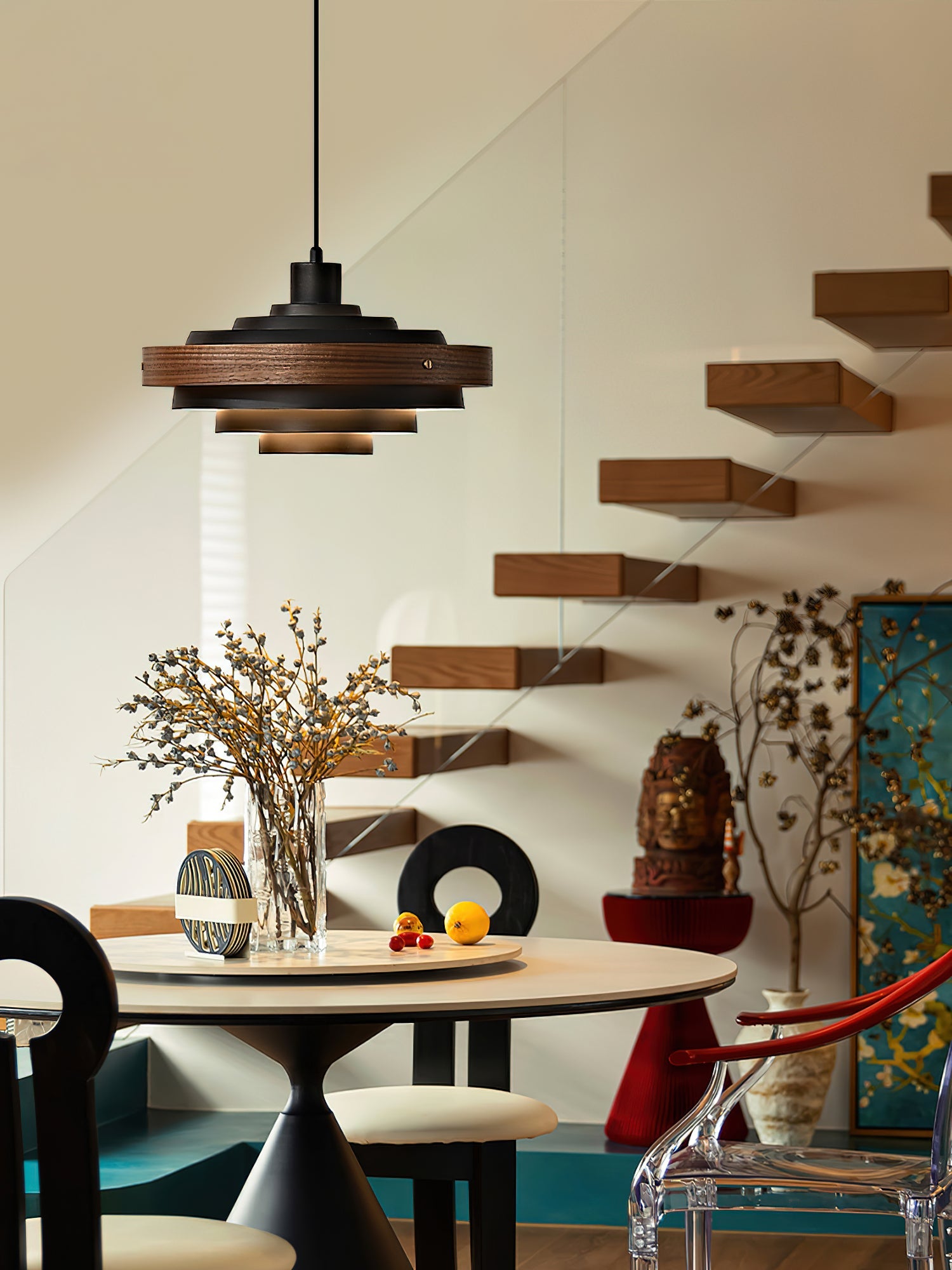 Pendant Light Metal Wood 15.7 in Adjustable Dining Room Kitchen Island Hanging Lamp Black Walnut White | Thomler