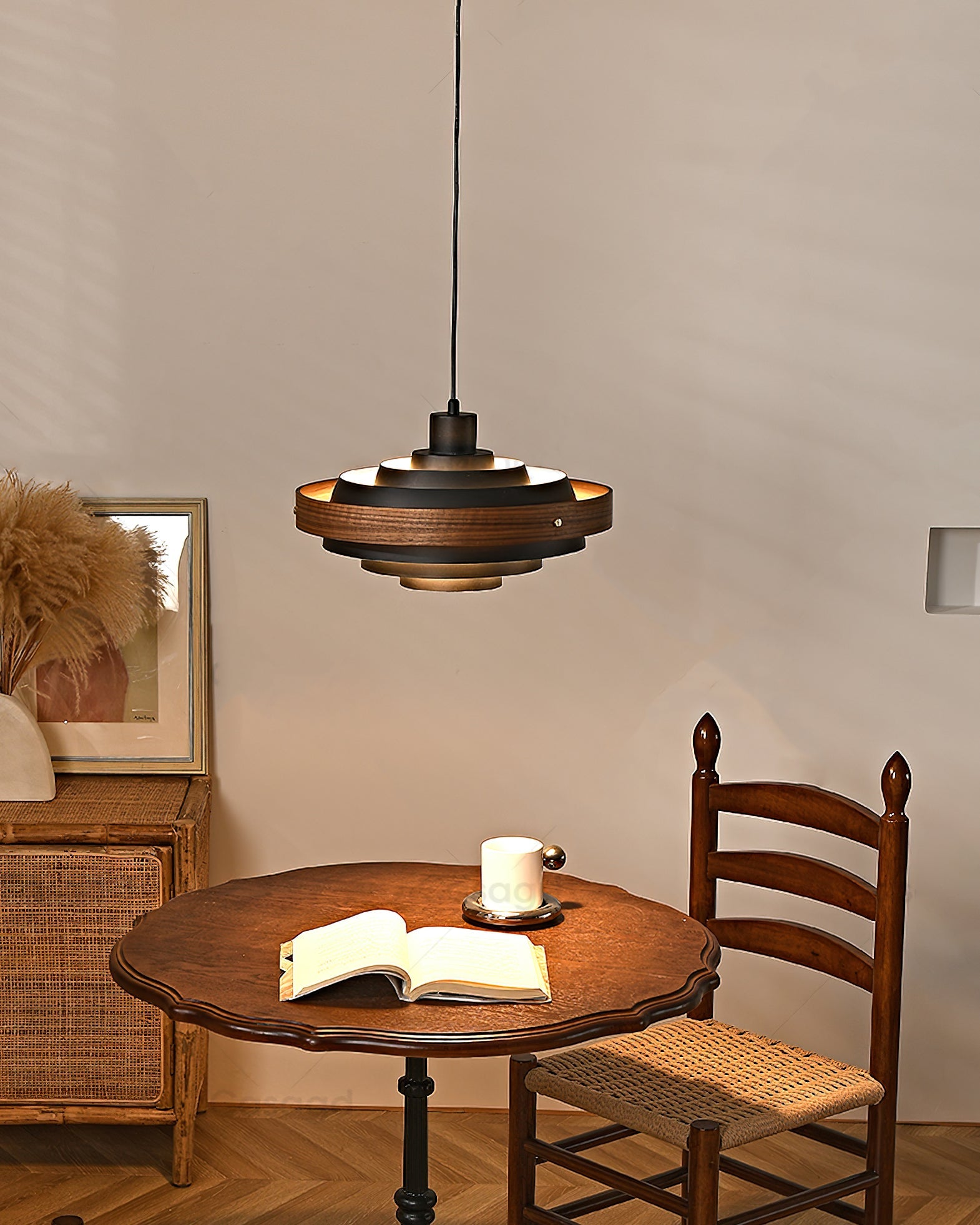 Pendant Light Metal Wood 15.7 in Adjustable Dining Room Kitchen Island Hanging Lamp Black Walnut White | Thomler