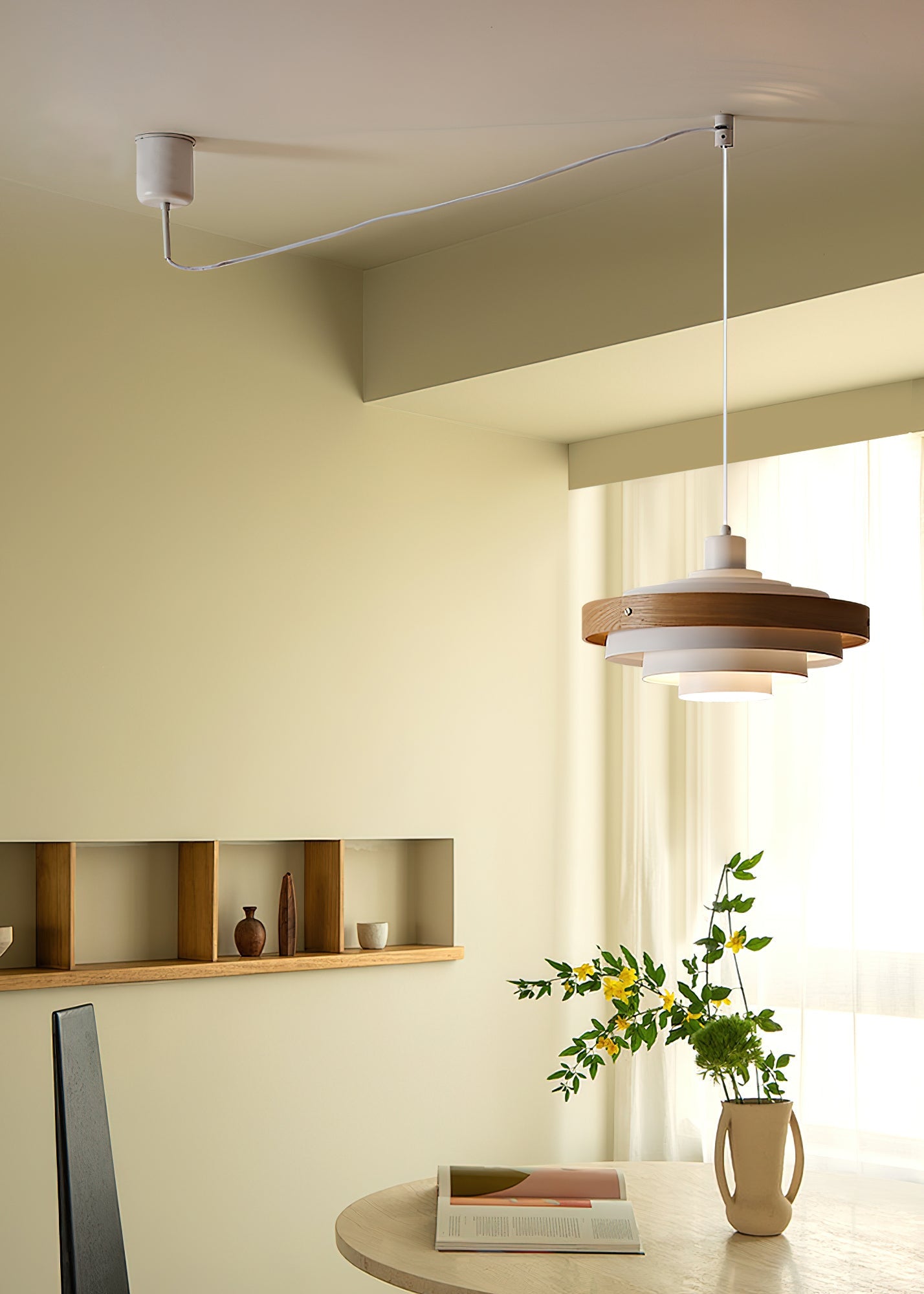 Pendant Light Metal Wood 15.7 in Adjustable Dining Room Kitchen Island Hanging Lamp Black Walnut White | Thomler