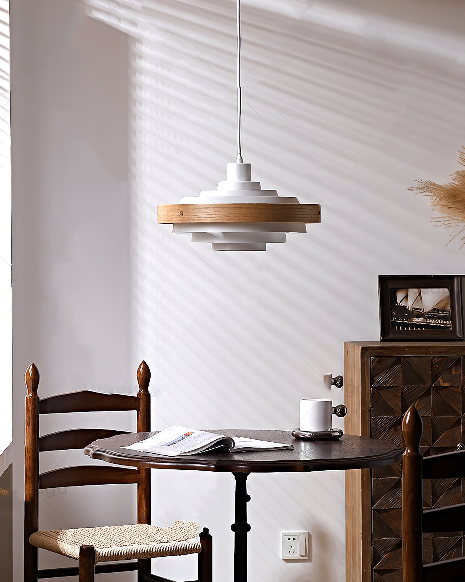 Pendant Light Metal Wood 15.7 in Adjustable Dining Room Kitchen Island Hanging Lamp Black Walnut White | Thomler