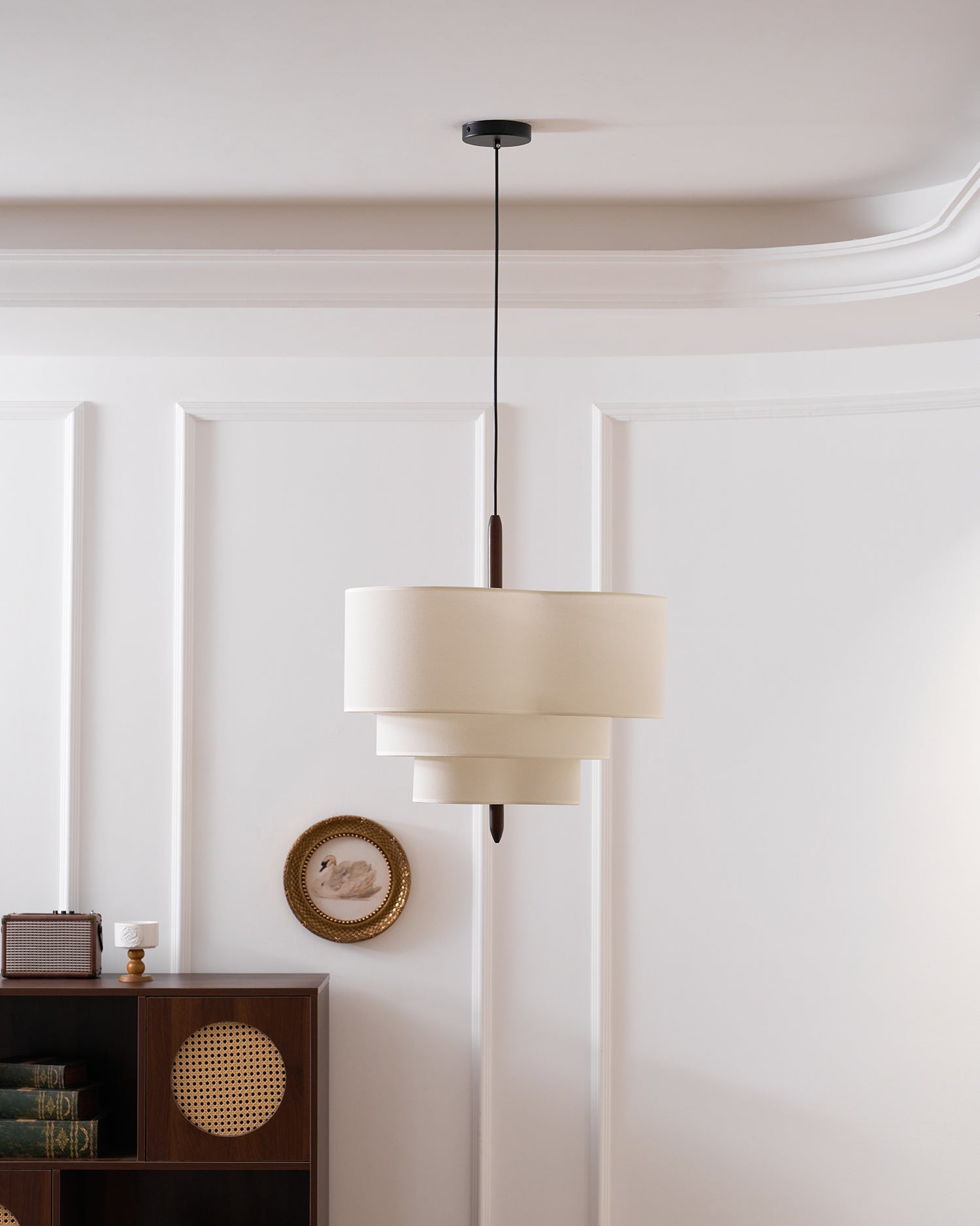 Pendant Light Fabric 17.7 in 3-Head Walnut Dining Room Ceiling Lamp Adjustable Height Modern Lighting Fixture | Thomler