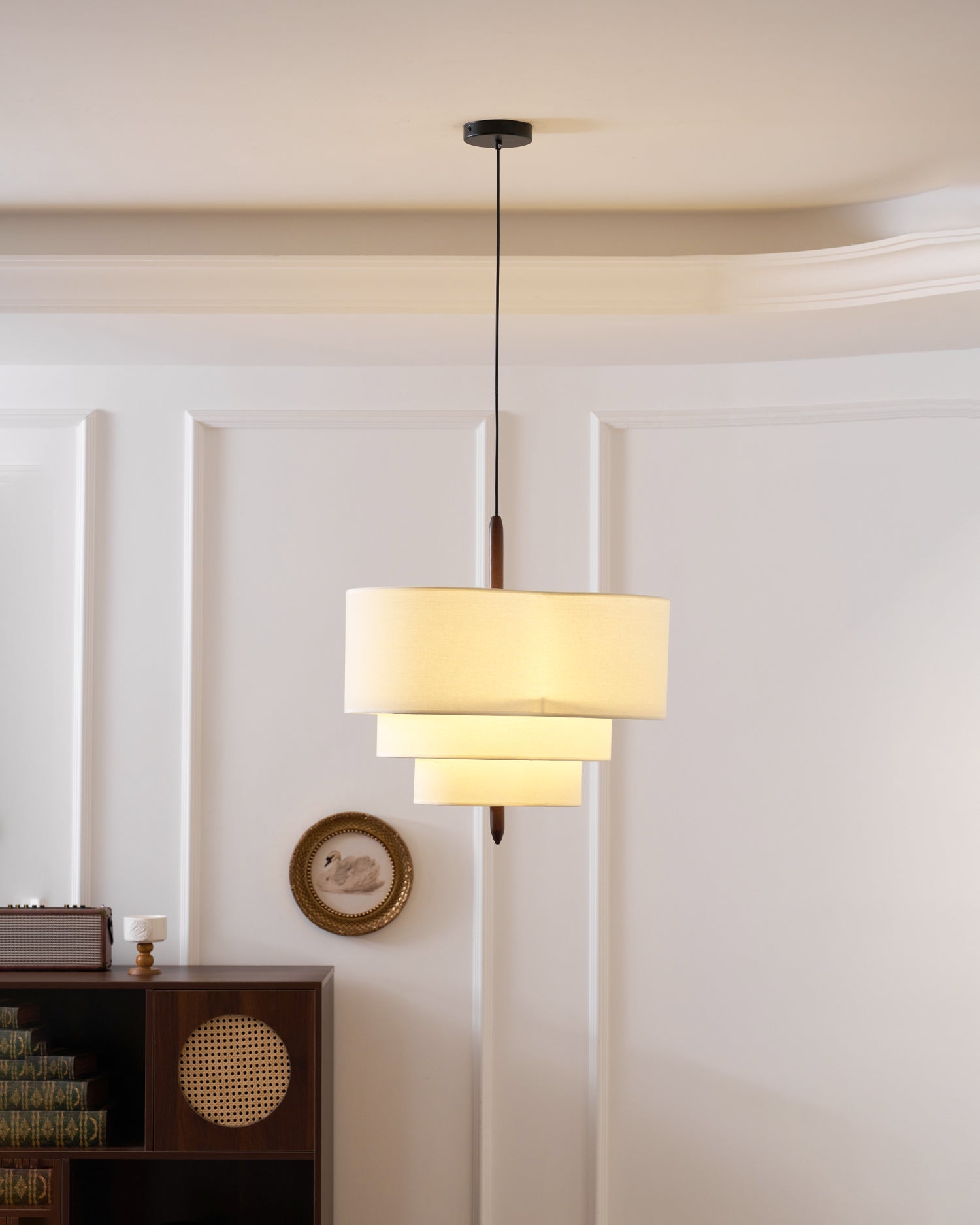 Pendant Light Fabric 17.7 in 3-Head Walnut Dining Room Ceiling Lamp Adjustable Height Modern Lighting Fixture | Thomler