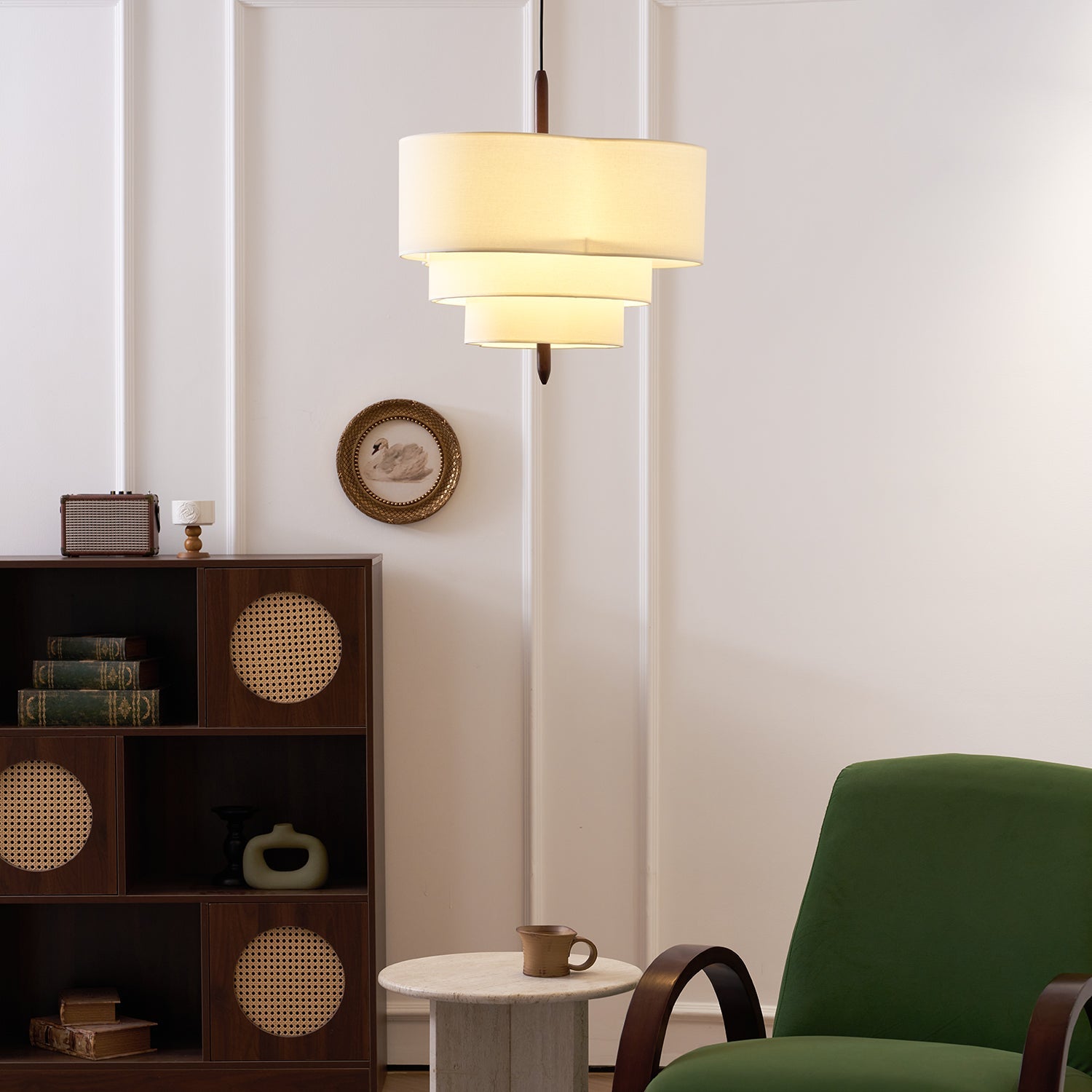 Pendant Light Fabric 17.7 in 3-Head Walnut Dining Room Ceiling Lamp Adjustable Height Modern Lighting Fixture | Thomler