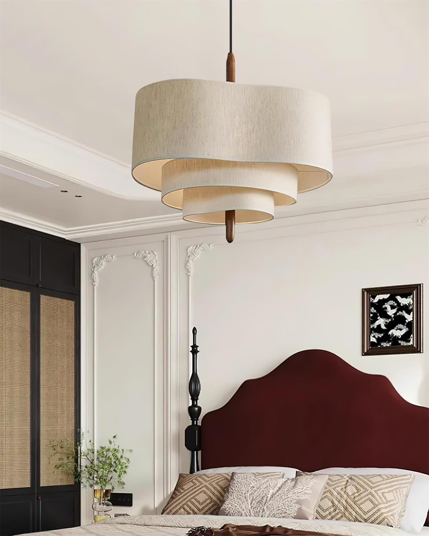 Pendant Light Fabric 17.7 in 3-Head Walnut Dining Room Ceiling Lamp Adjustable Height Modern Lighting Fixture | Thomler