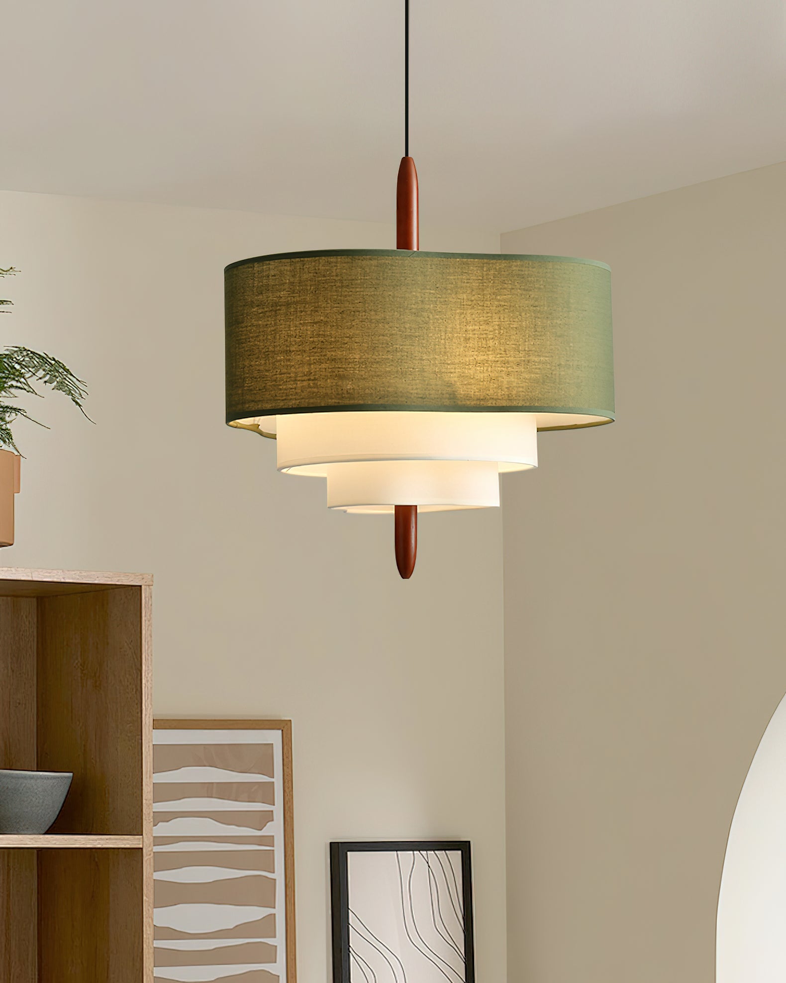 Pendant Light Fabric 17.7 in 3-Head Walnut Dining Room Ceiling Lamp Adjustable Height Modern Lighting Fixture | Thomler