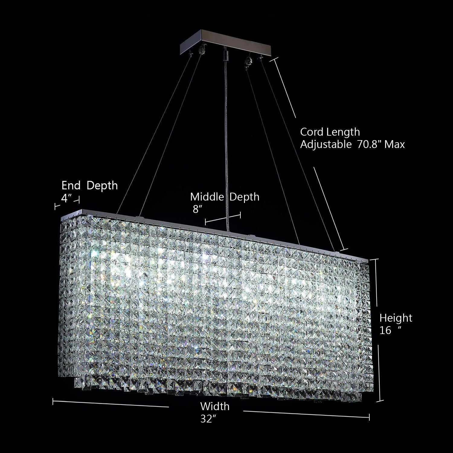 Linear Crystal Chandelier Chrome Finish Rectangular Dining Room Light Fixture Adjustable Height for Kitchen Island Living Room | Thomler