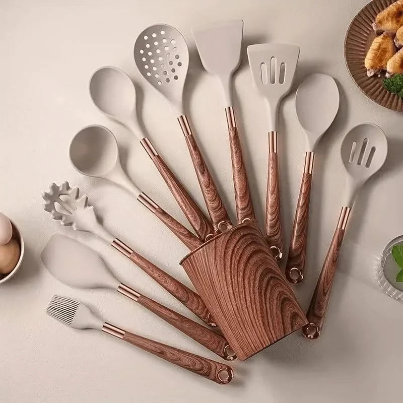 10-Piece Heat-Safe Cooking Tool Set with Wood-Tone Handles & Storage Holder | Thomler