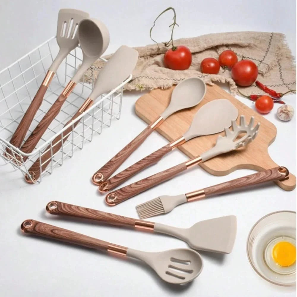 10-Piece Heat-Safe Cooking Tool Set with Wood-Tone Handles & Storage Holder | Thomler