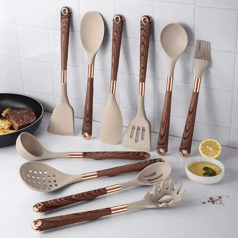 10-Piece Heat-Safe Cooking Tool Set with Wood-Tone Handles & Storage Holder | Thomler