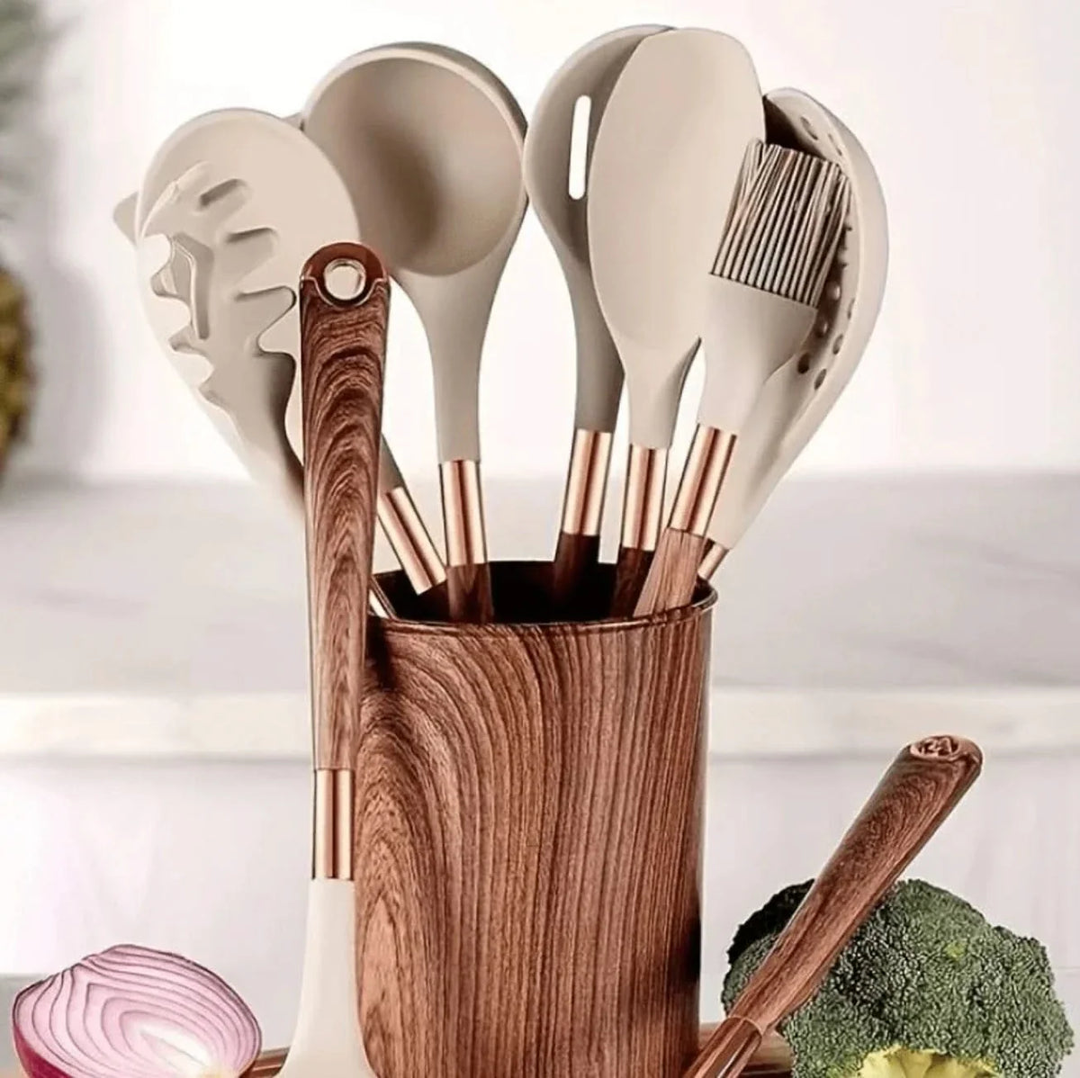 10-Piece Heat-Safe Cooking Tool Set with Wood-Tone Handles & Storage Holder | Thomler