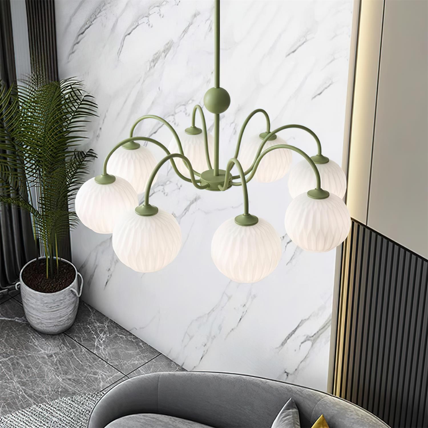 Chandelier Glass 25.6 in Green Modern Dining Room Ceiling Light 3-8 Heads Decorative Fixture | Thomler