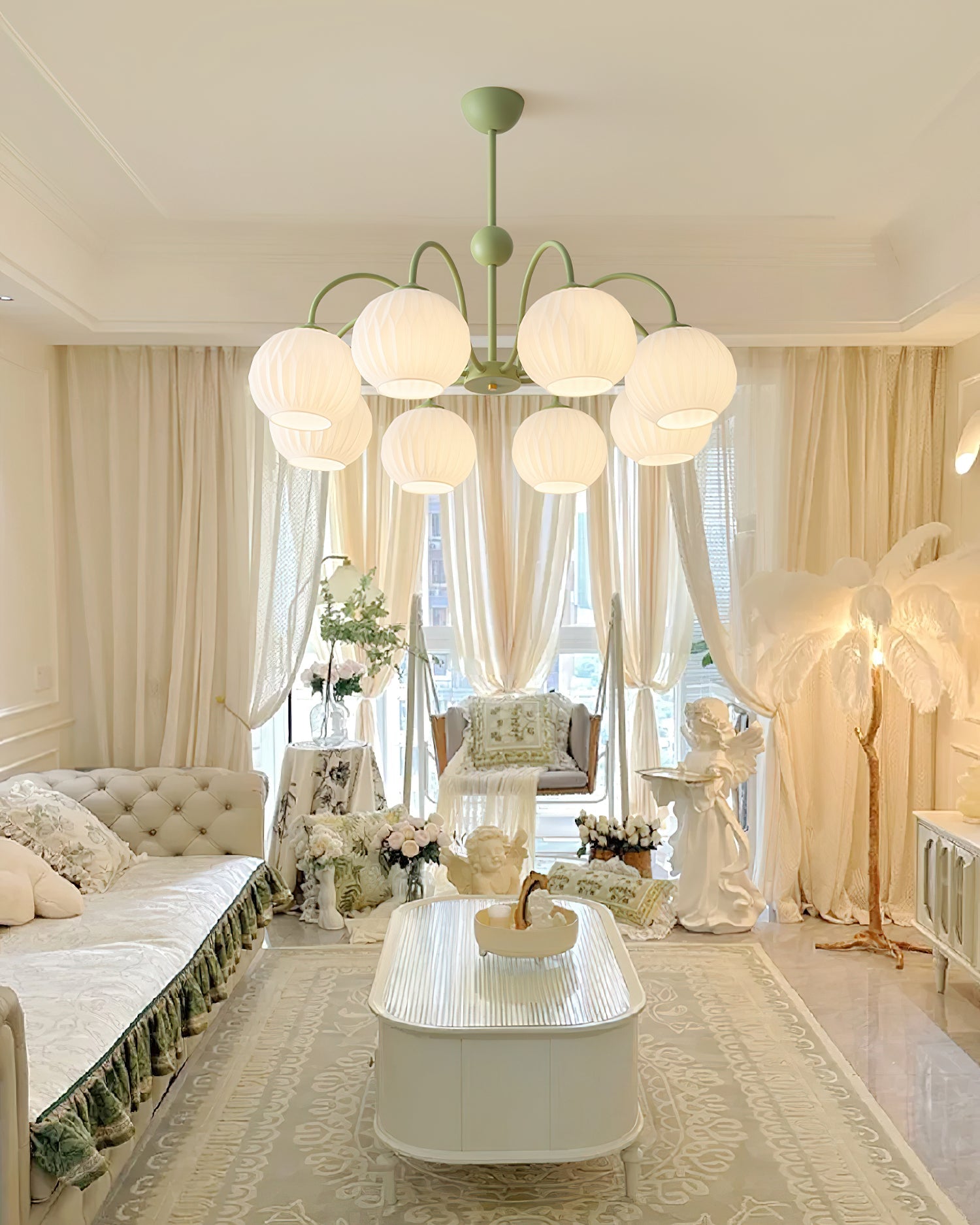 Chandelier Glass 25.6 in Green Modern Dining Room Ceiling Light 3-8 Heads Decorative Fixture | Thomler