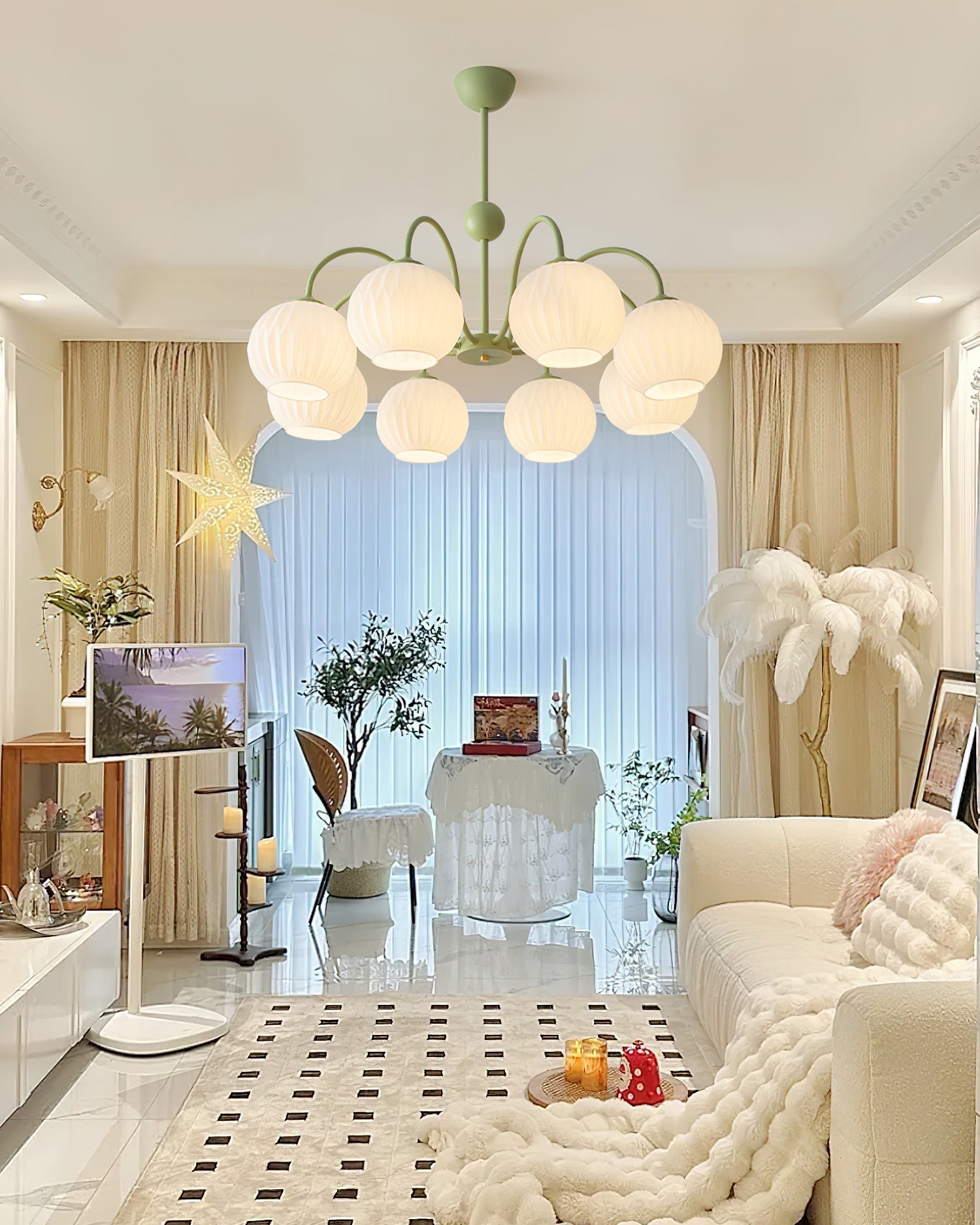 Chandelier Glass 25.6 in Green Modern Dining Room Ceiling Light 3-8 Heads Decorative Fixture | Thomler