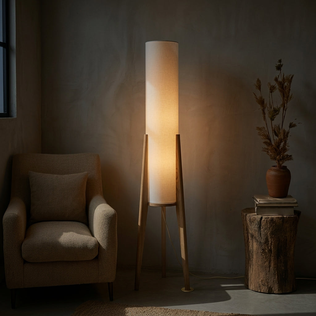 Sculptural Wood Floor Lamp with Brass Accents & Fabric Shade for Living Room, Bedroom & Office | Thomler