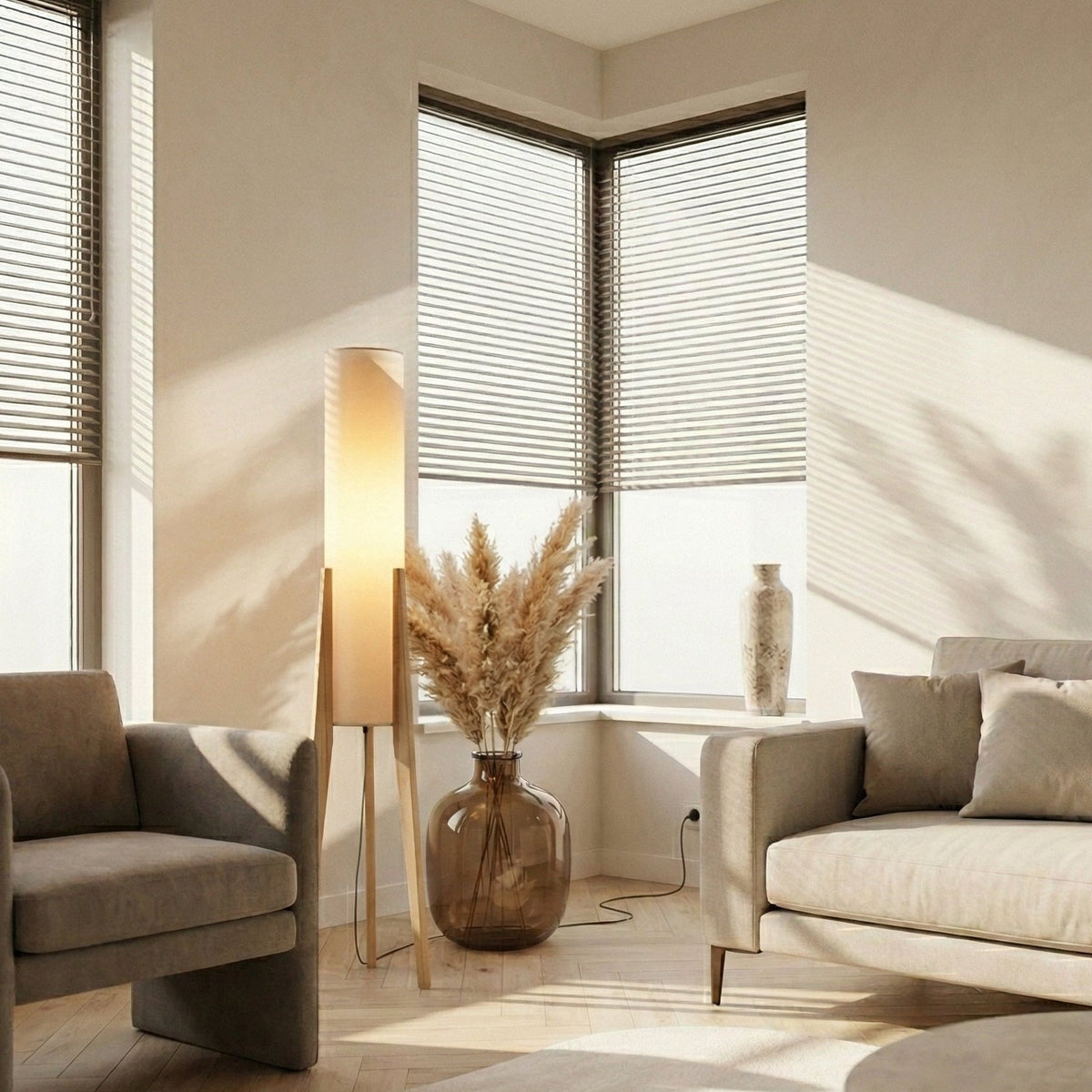 Sculptural Wood Floor Lamp with Brass Accents & Fabric Shade for Living Room, Bedroom & Office | Thomler