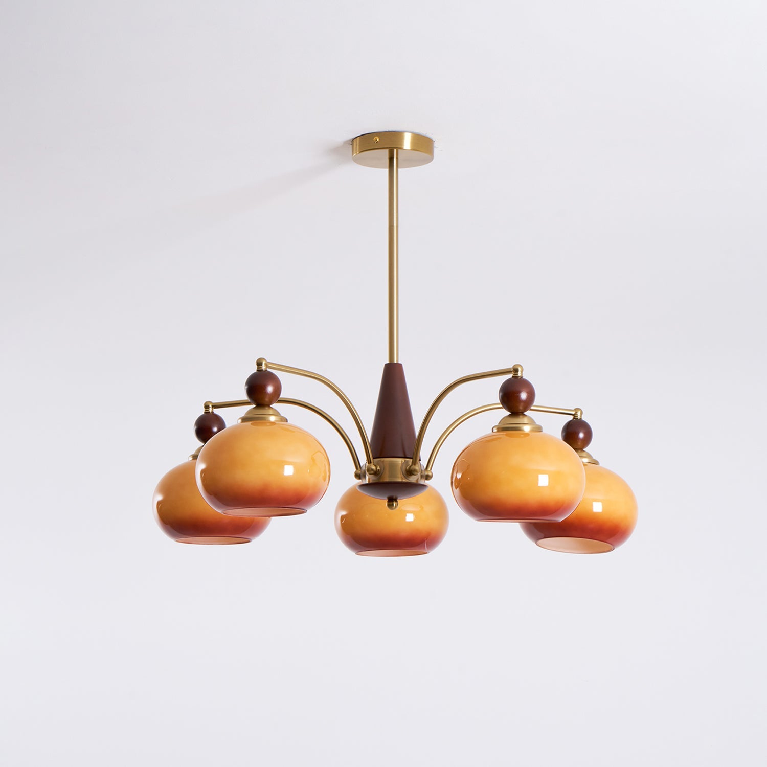 Chandelier Wood Brass 22.8 in 3 5 8 Light Dining Room Vintage Ceiling Fixture Glass Shades Adjustable Rod | Thomler