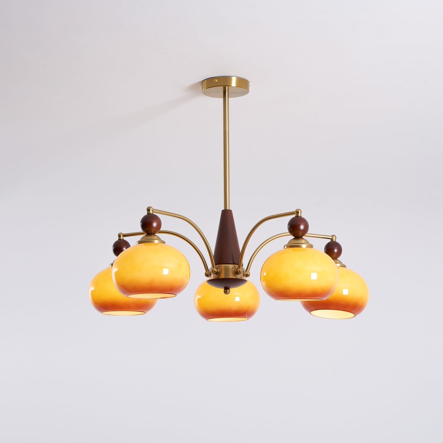 Chandelier Wood Brass 22.8 in 3 5 8 Light Dining Room Vintage Ceiling Fixture Glass Shades Adjustable Rod | Thomler