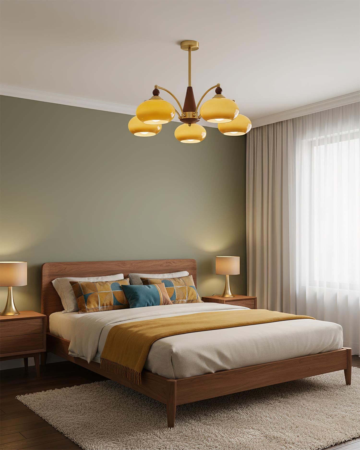 Chandelier Wood Brass 22.8 in 3 5 8 Light Dining Room Vintage Ceiling Fixture Glass Shades Adjustable Rod | Thomler