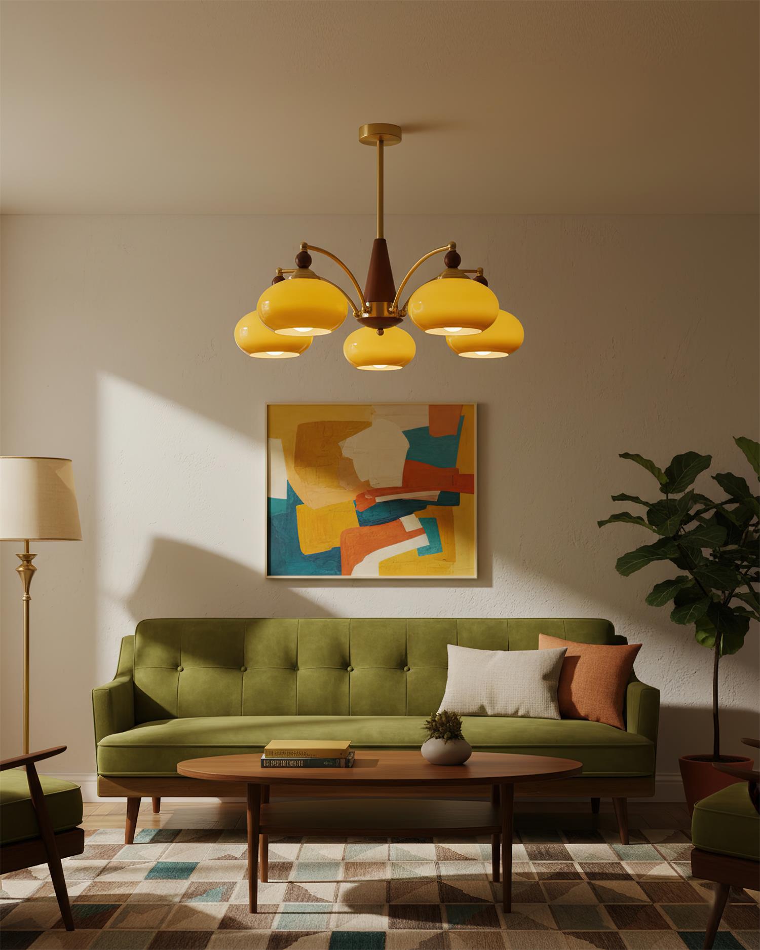 Chandelier Wood Brass 22.8 in 3 5 8 Light Dining Room Vintage Ceiling Fixture Glass Shades Adjustable Rod | Thomler