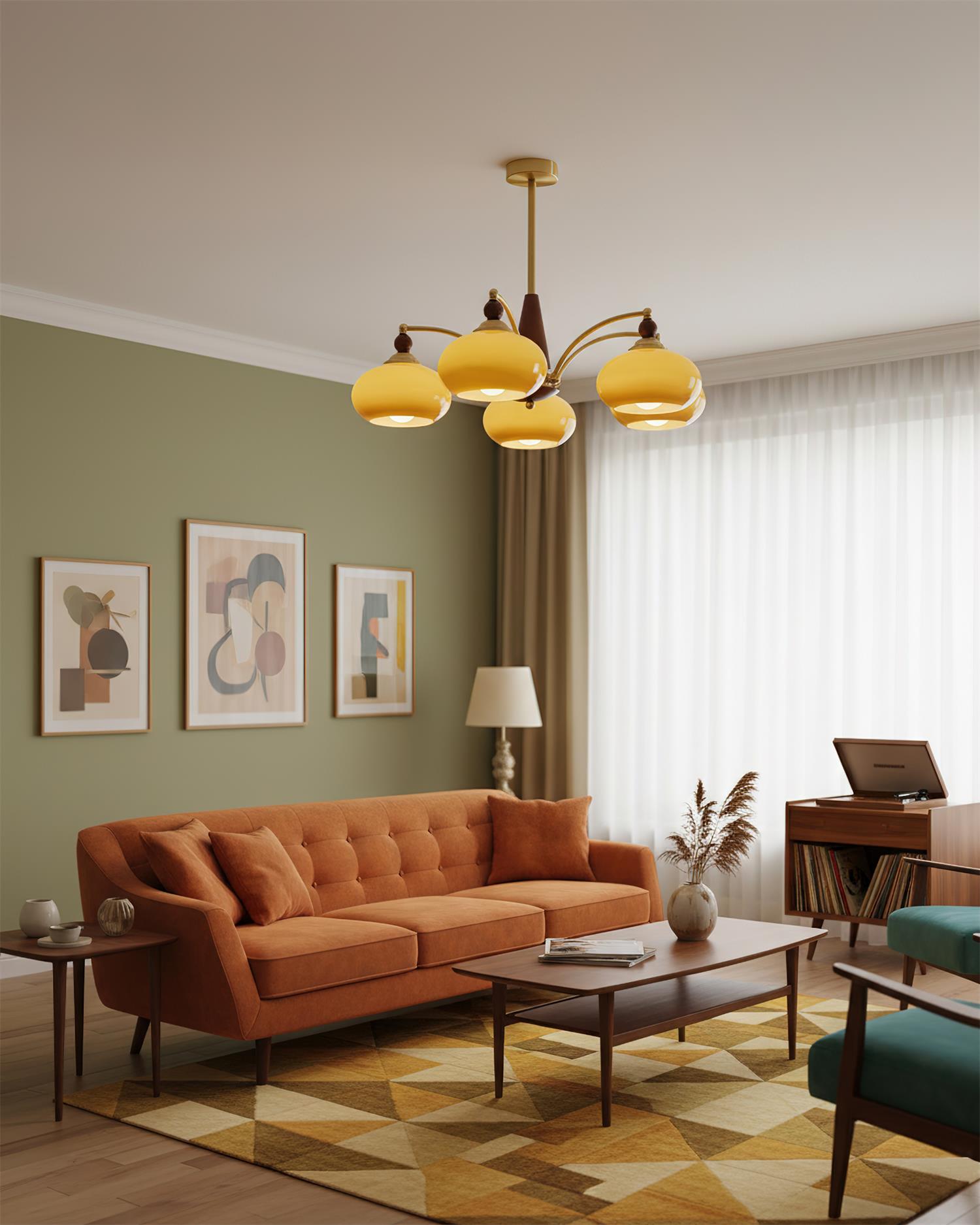 Chandelier Wood Brass 22.8 in 3 5 8 Light Dining Room Vintage Ceiling Fixture Glass Shades Adjustable Rod | Thomler