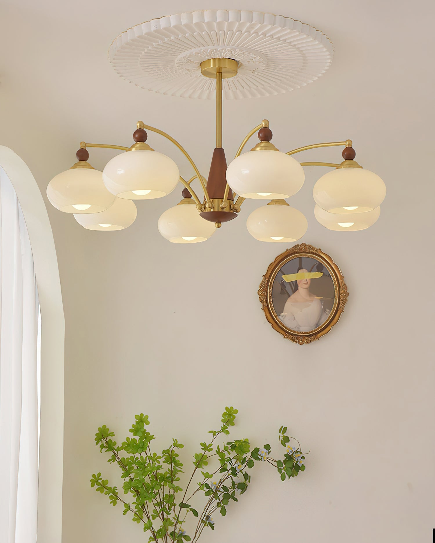 Chandelier Wood Brass 22.8 in 3 5 8 Light Dining Room Vintage Ceiling Fixture Glass Shades Adjustable Rod | Thomler