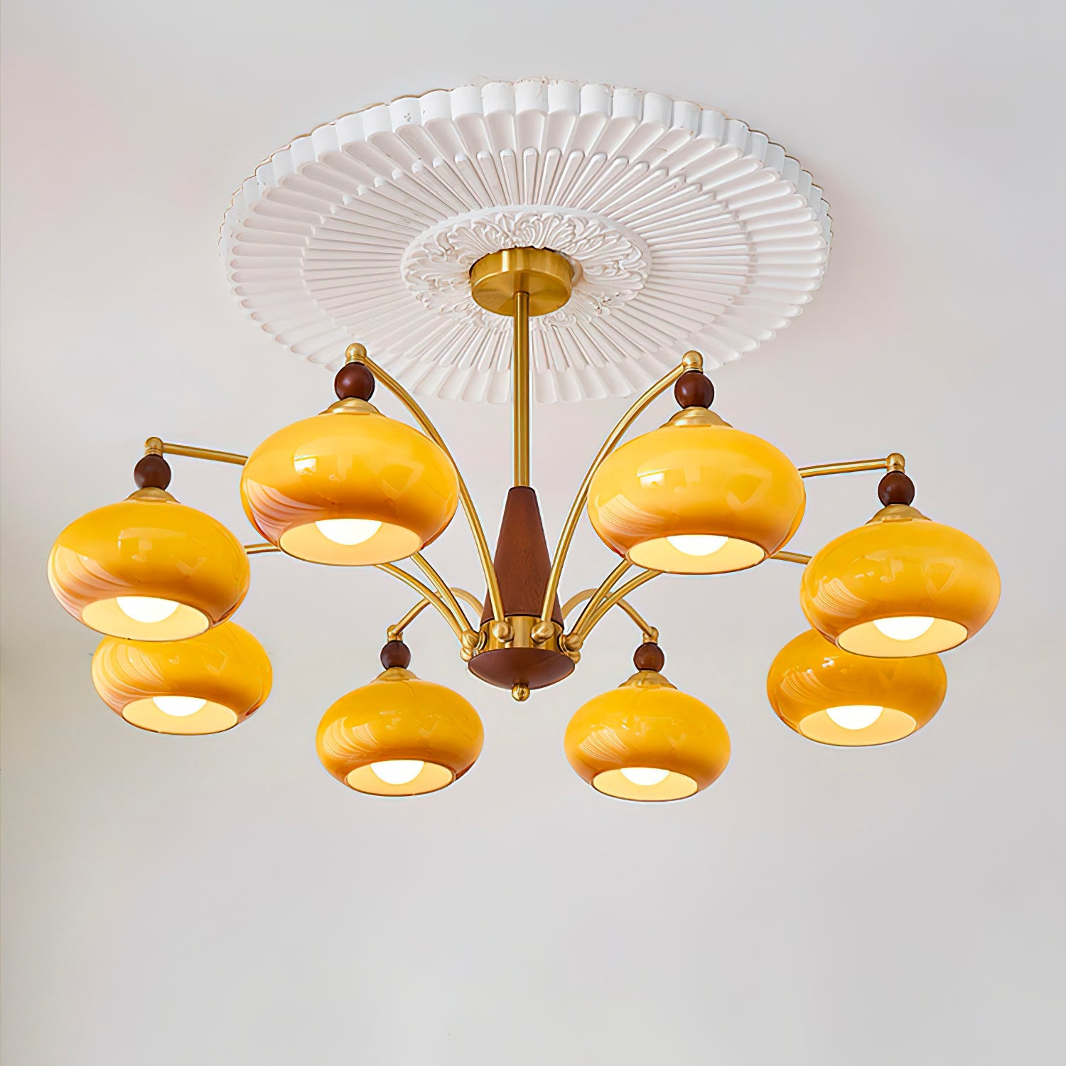 Chandelier Wood Brass 22.8 in 3 5 8 Light Dining Room Vintage Ceiling Fixture Glass Shades Adjustable Rod | Thomler