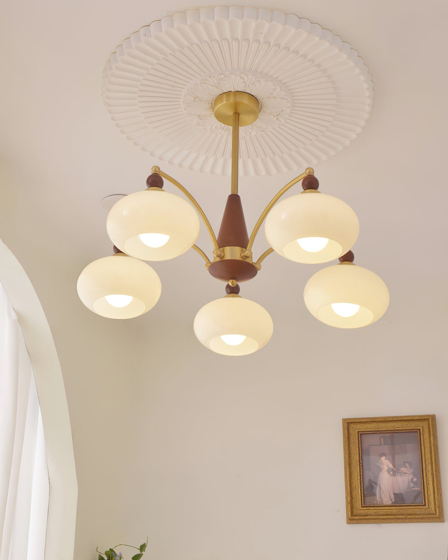 Chandelier Wood Brass 22.8 in 3 5 8 Light Dining Room Vintage Ceiling Fixture Glass Shades Adjustable Rod | Thomler