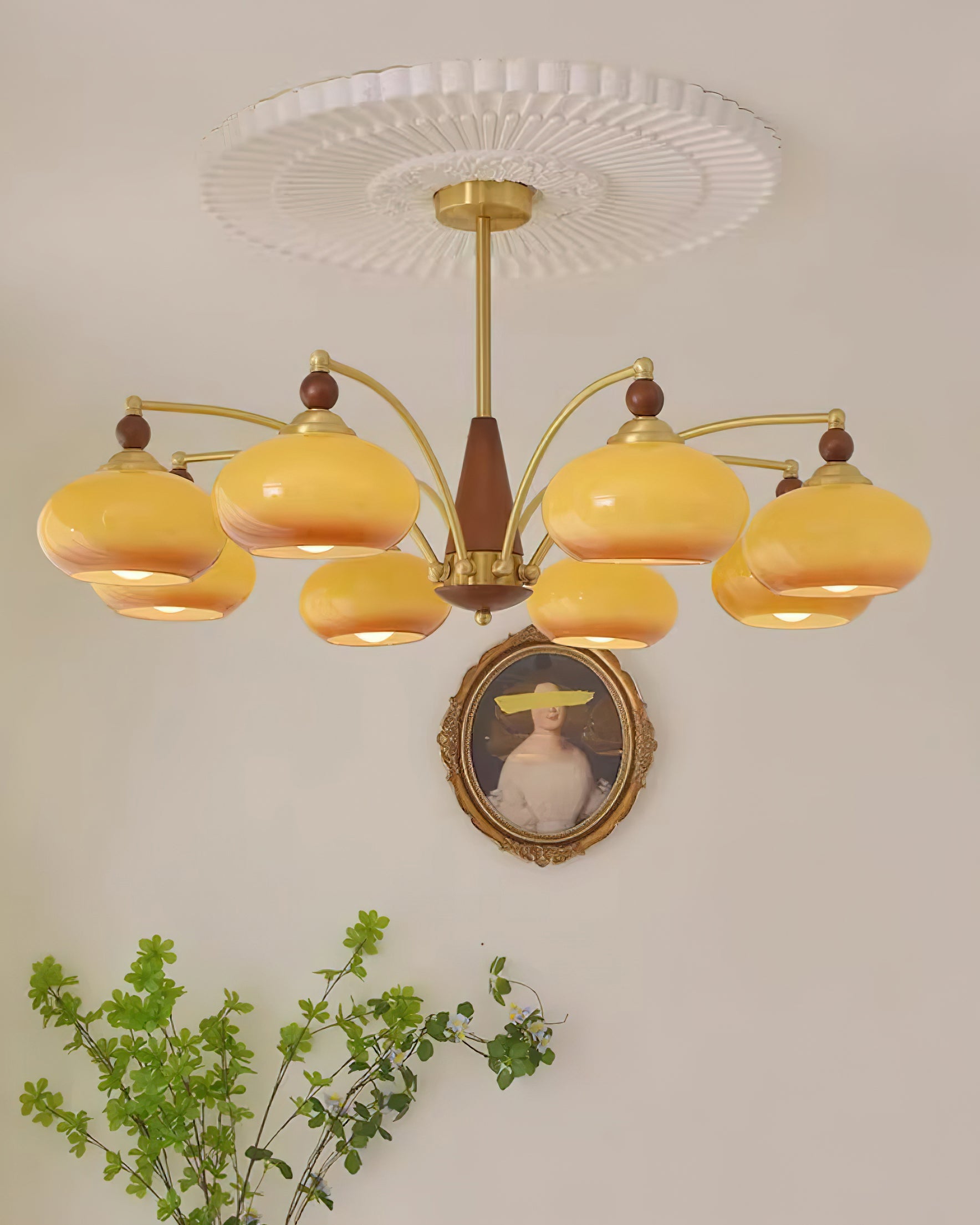 Chandelier Wood Brass 22.8 in 3 5 8 Light Dining Room Vintage Ceiling Fixture Glass Shades Adjustable Rod | Thomler