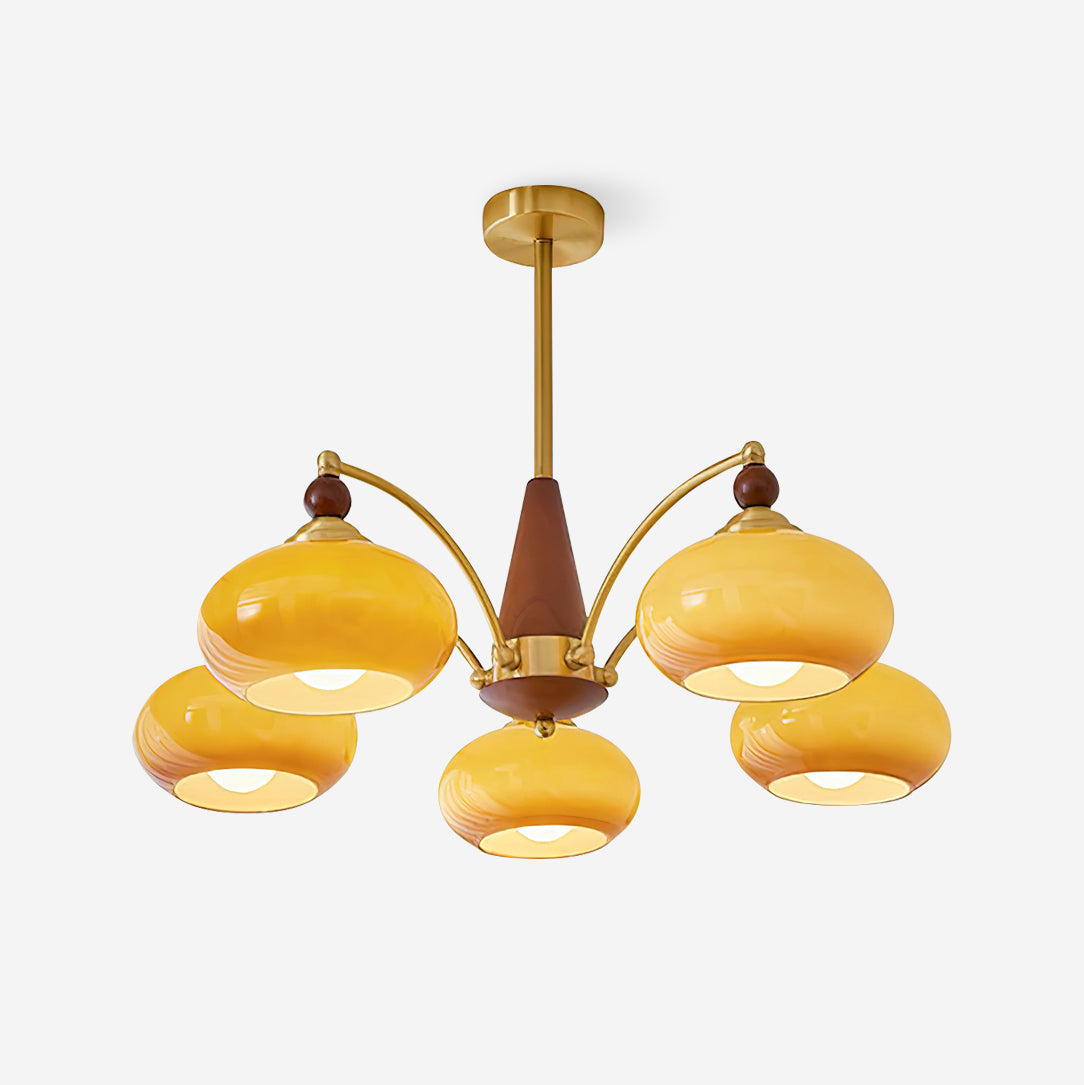 Chandelier Wood Brass 22.8 in 3 5 8 Light Dining Room Vintage Ceiling Fixture Glass Shades Adjustable Rod | Thomler