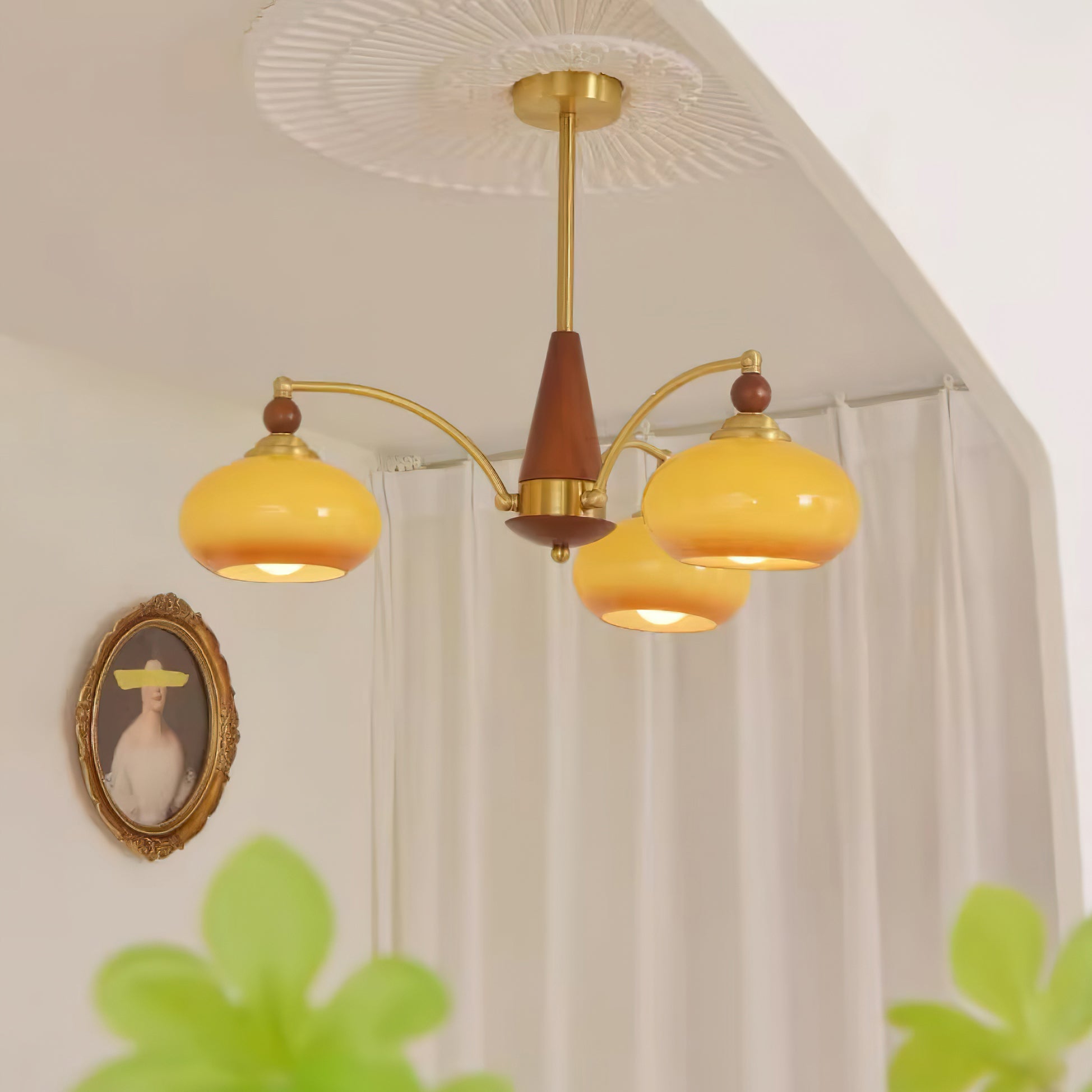 Chandelier Wood Brass 22.8 in 3 5 8 Light Dining Room Vintage Ceiling Fixture Glass Shades Adjustable Rod | Thomler