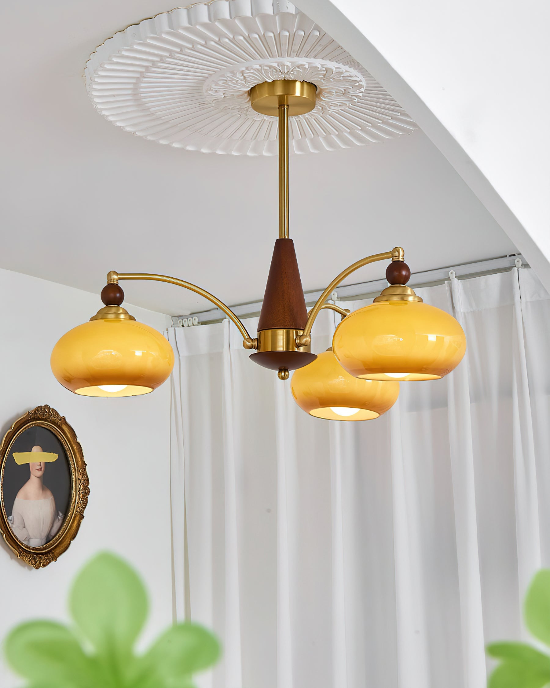 Chandelier Wood Brass 22.8 in 3 5 8 Light Dining Room Vintage Ceiling Fixture Glass Shades Adjustable Rod | Thomler