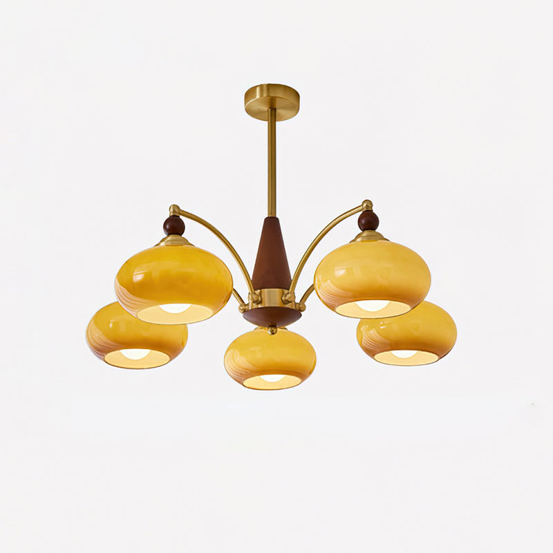 Chandelier Wood Brass 22.8 in 3 5 8 Light Dining Room Vintage Ceiling Fixture Glass Shades Adjustable Rod | Thomler