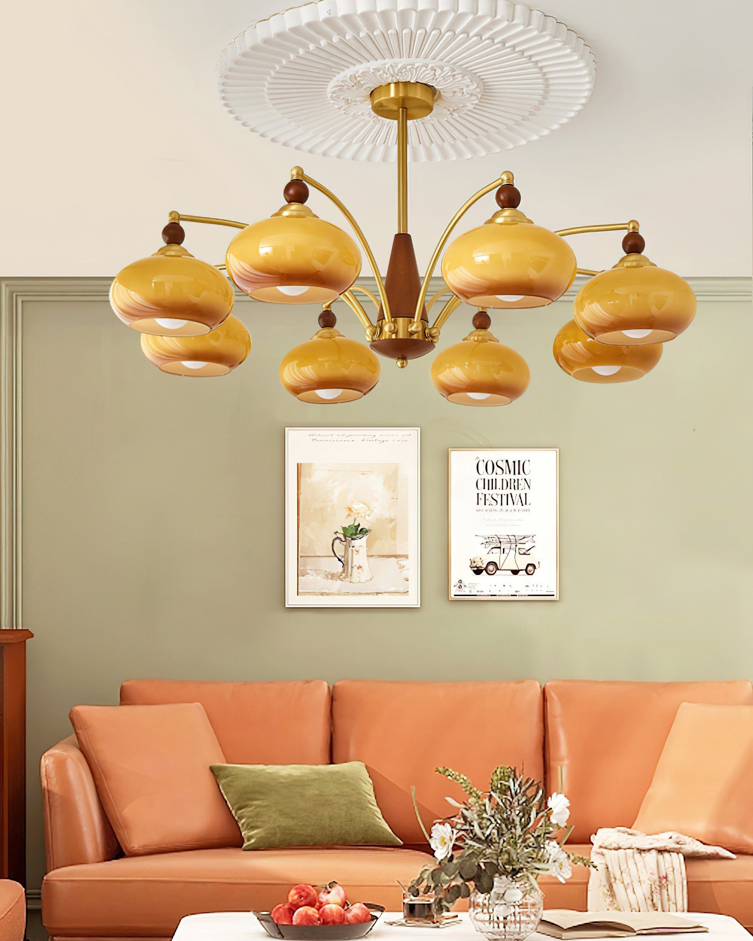 Chandelier Wood Brass 22.8 in 3 5 8 Light Dining Room Vintage Ceiling Fixture Glass Shades Adjustable Rod | Thomler