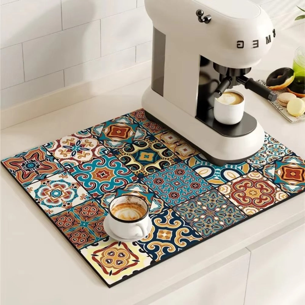 Vintage-Inspired Quick-Dry Kitchen Counter Mat for Coffee Bars, Dish Drying & Sink Areas – Absorbent Non-Slip Rubber Base – Decorative | Thomler