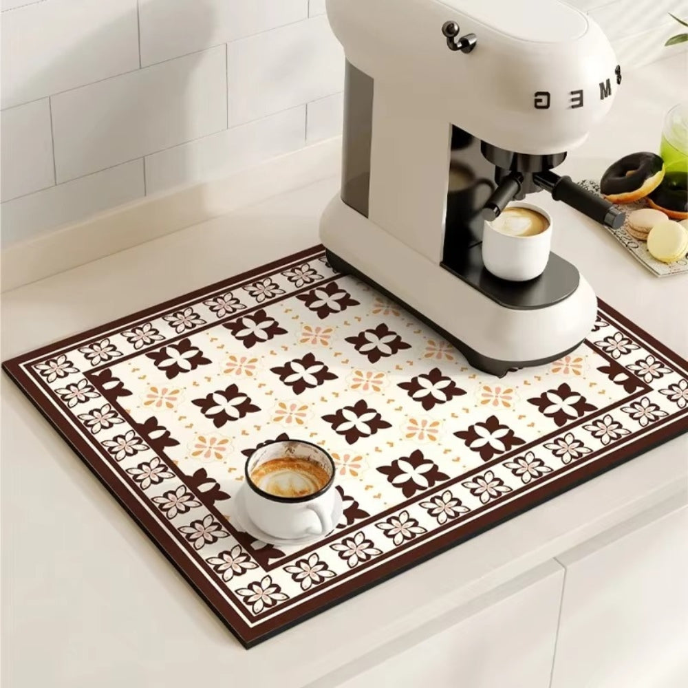 Vintage-Inspired Quick-Dry Kitchen Counter Mat for Coffee Bars, Dish Drying & Sink Areas – Absorbent Non-Slip Rubber Base – Decorative | Thomler