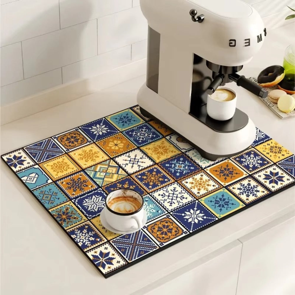 Vintage-Inspired Quick-Dry Kitchen Counter Mat for Coffee Bars, Dish Drying & Sink Areas – Absorbent Non-Slip Rubber Base – Decorative | Thomler