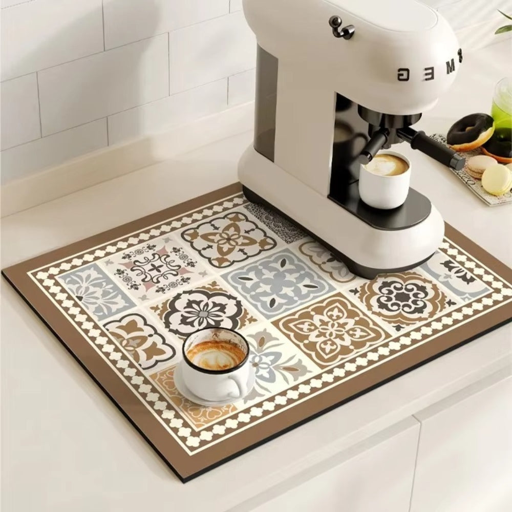 Vintage-Inspired Quick-Dry Kitchen Counter Mat for Coffee Bars, Dish Drying & Sink Areas – Absorbent Non-Slip Rubber Base – Decorative | Thomler