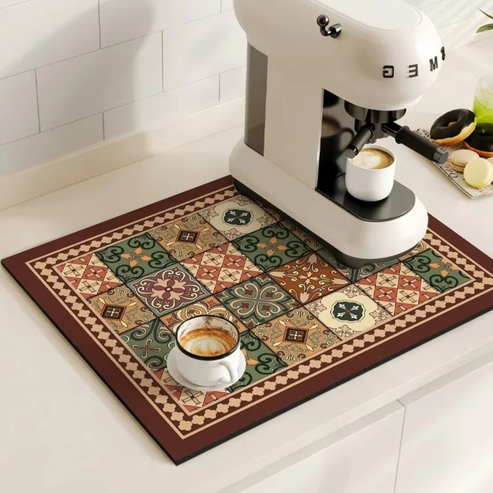 Vintage-Inspired Quick-Dry Kitchen Counter Mat for Coffee Bars, Dish Drying & Sink Areas – Absorbent Non-Slip Rubber Base – Decorative | Thomler