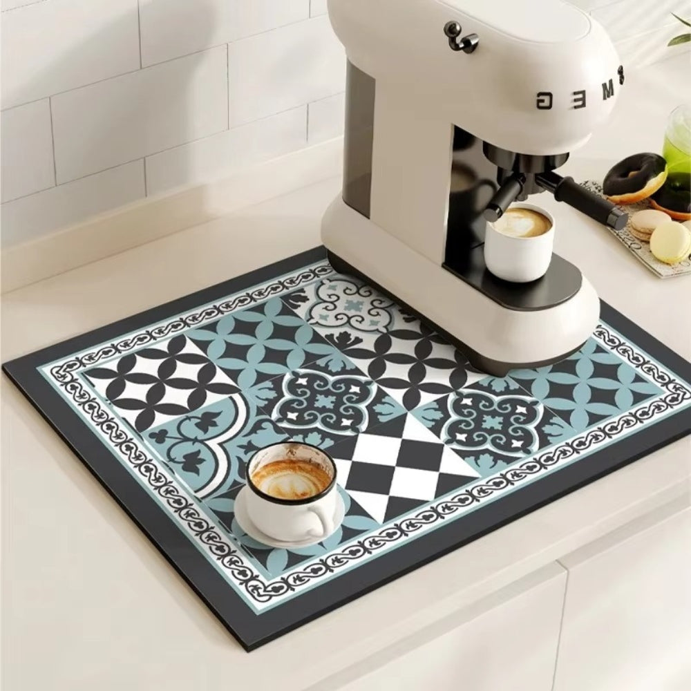 Vintage-Inspired Quick-Dry Kitchen Counter Mat for Coffee Bars, Dish Drying & Sink Areas – Absorbent Non-Slip Rubber Base – Decorative | Thomler