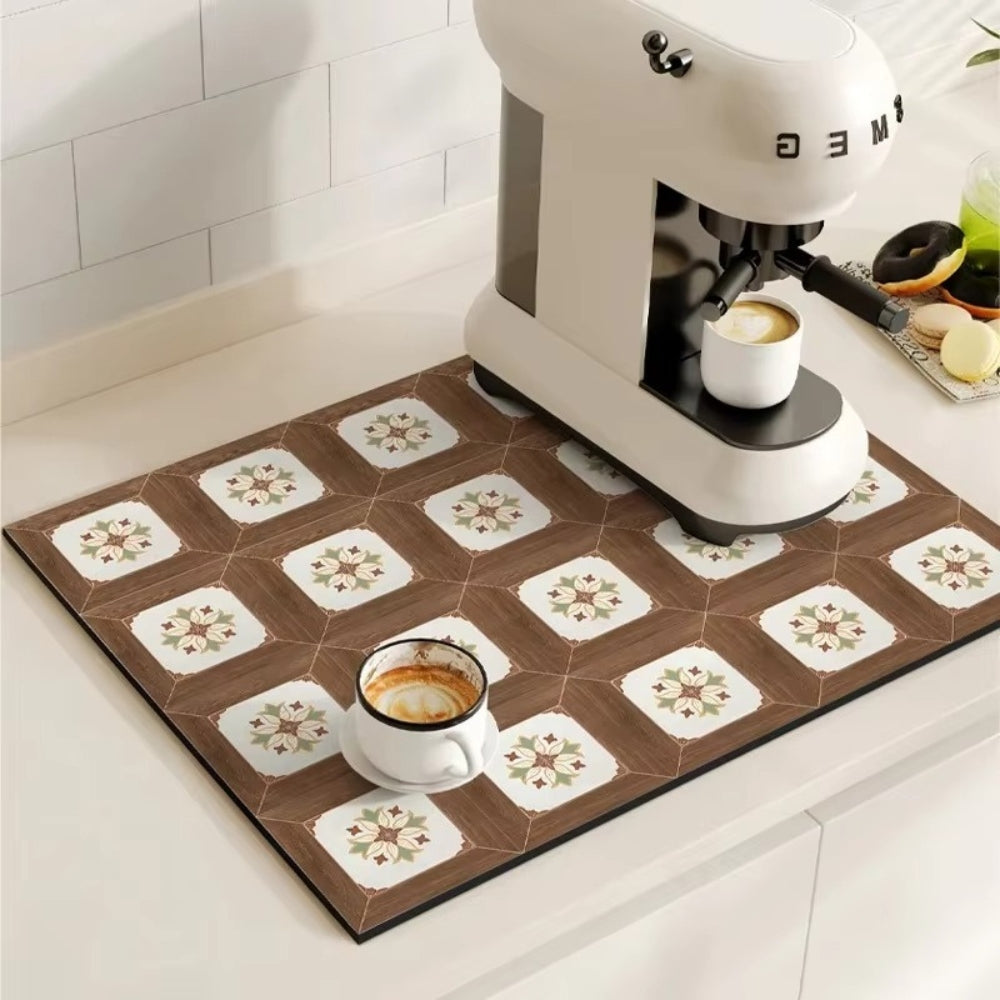 Vintage-Inspired Quick-Dry Kitchen Counter Mat for Coffee Bars, Dish Drying & Sink Areas – Absorbent Non-Slip Rubber Base – Decorative | Thomler