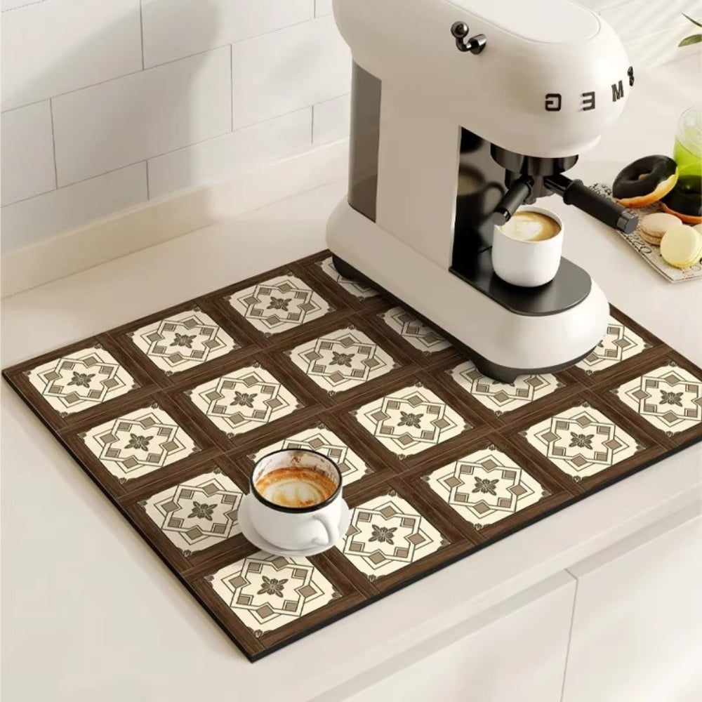 Vintage-Inspired Quick-Dry Kitchen Counter Mat for Coffee Bars, Dish Drying & Sink Areas – Absorbent Non-Slip Rubber Base – Decorative | Thomler