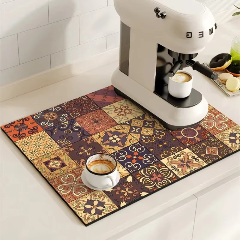 Vintage-Inspired Quick-Dry Kitchen Counter Mat for Coffee Bars, Dish Drying & Sink Areas – Absorbent Non-Slip Rubber Base – Decorative | Thomler