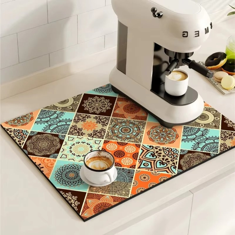 Vintage-Inspired Quick-Dry Kitchen Counter Mat for Coffee Bars, Dish Drying & Sink Areas – Absorbent Non-Slip Rubber Base – Decorative | Thomler
