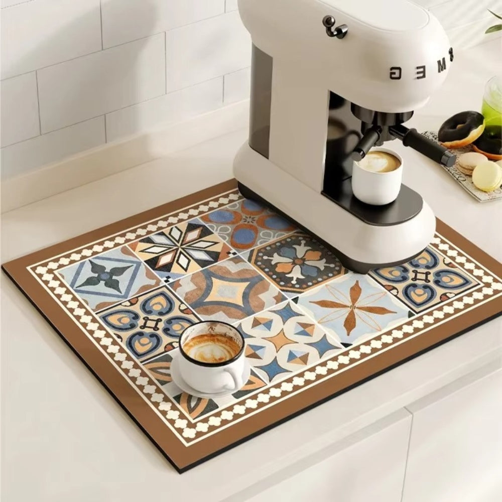 Vintage-Inspired Quick-Dry Kitchen Counter Mat for Coffee Bars, Dish Drying & Sink Areas – Absorbent Non-Slip Rubber Base – Decorative | Thomler
