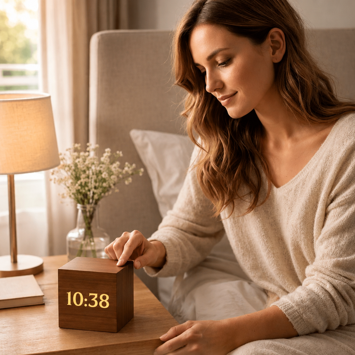 Wooden LED Alarm Clock with Sound-Activated Display – Compact Cube for Bedroom & Office | Thomler