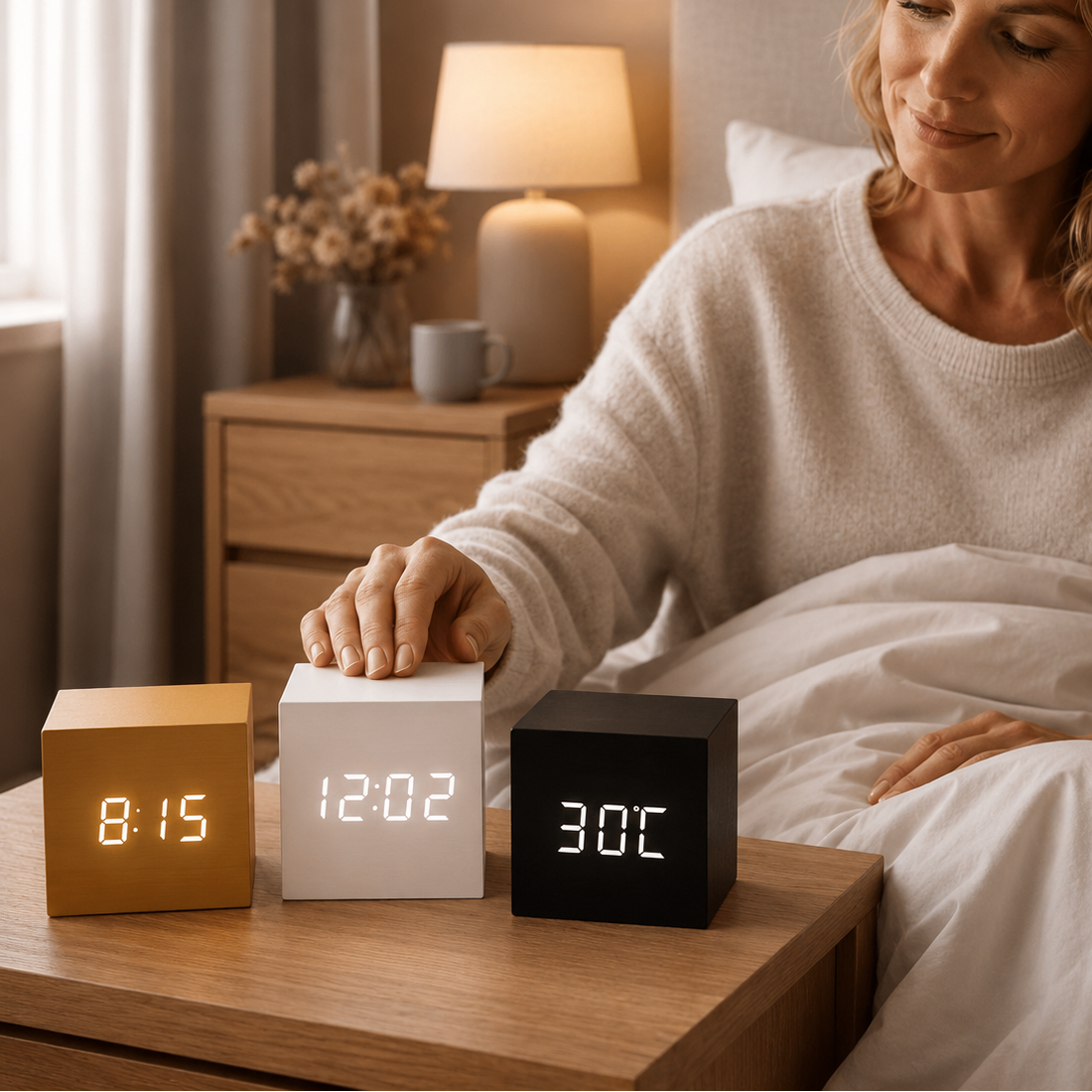 Wooden LED Alarm Clock with Sound-Activated Display – Compact Cube for Bedroom & Office | Thomler